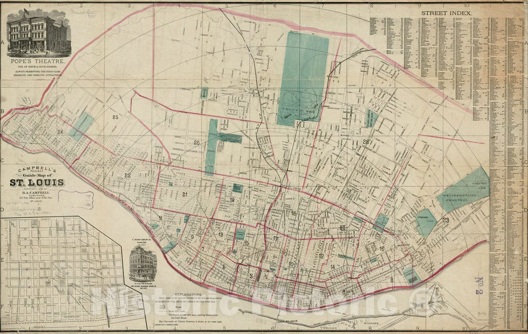 Historical Map, 1882 Campbell's revised guide map of St. Louis, Vintage Wall Art