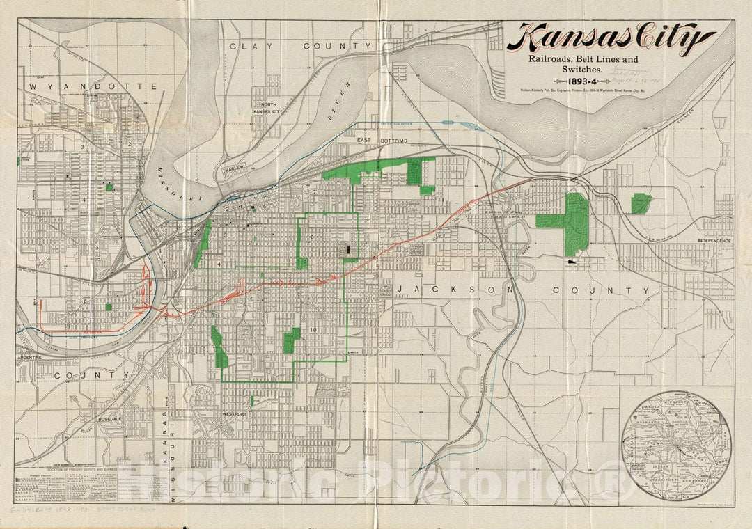 Historical Map, Kansas City Railroads, Belt line and switches : 1893-4, Vintage Wall Art