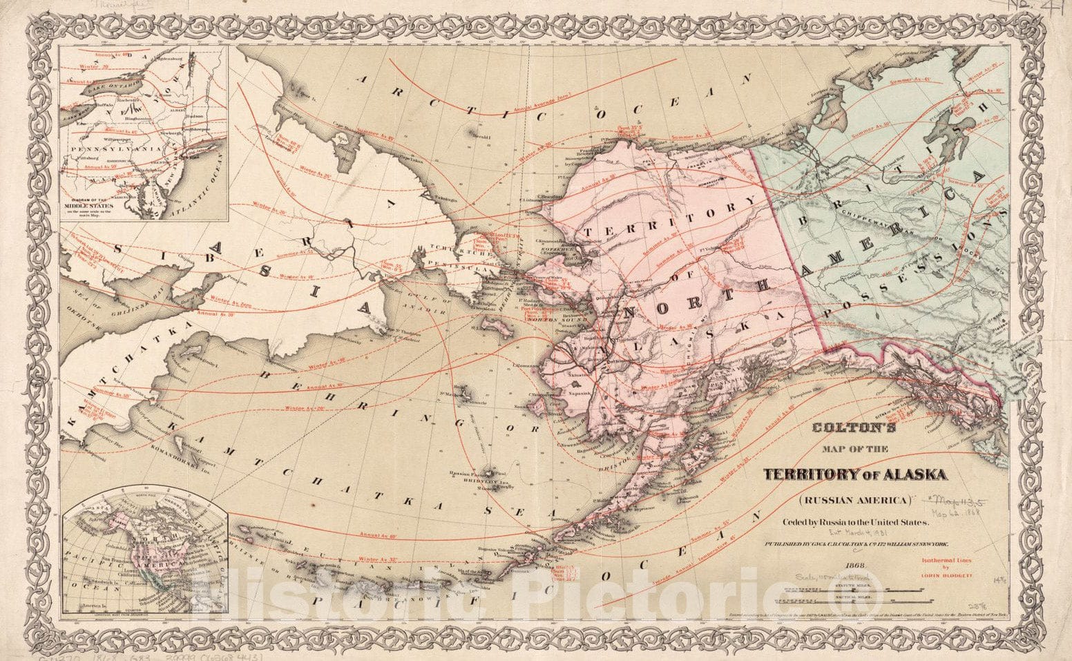 Historical Map, 1868 Colton's map of The Territory of Alaska : (Russian America) ceded by Russia to The United States, Vintage Wall Art