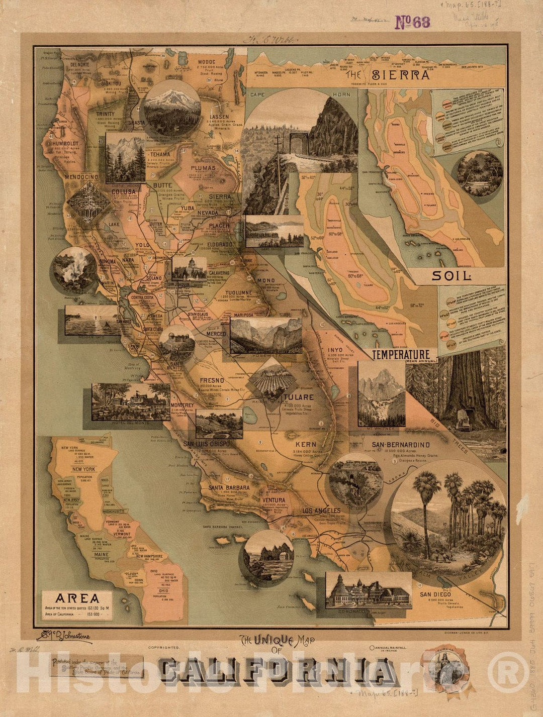 Historical Map, 1885 The unique map of California, Vintage Wall Art