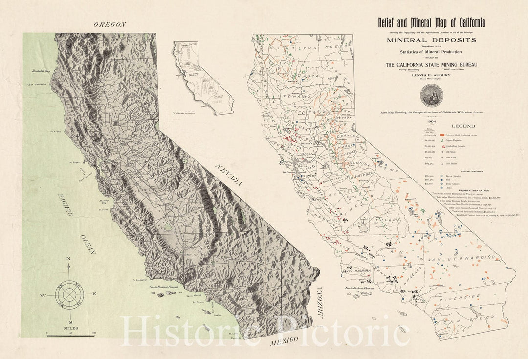 Historical Map, 1904 Relief and Mineral map of California Showing The Topography and The approximate Locations of All The Principal Mineral deposits, Vintage Wall Art
