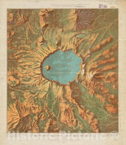 Historical Map, 1914 Panoramic View of The Crater Lake National Park, Oregon, Vintage Wall Art