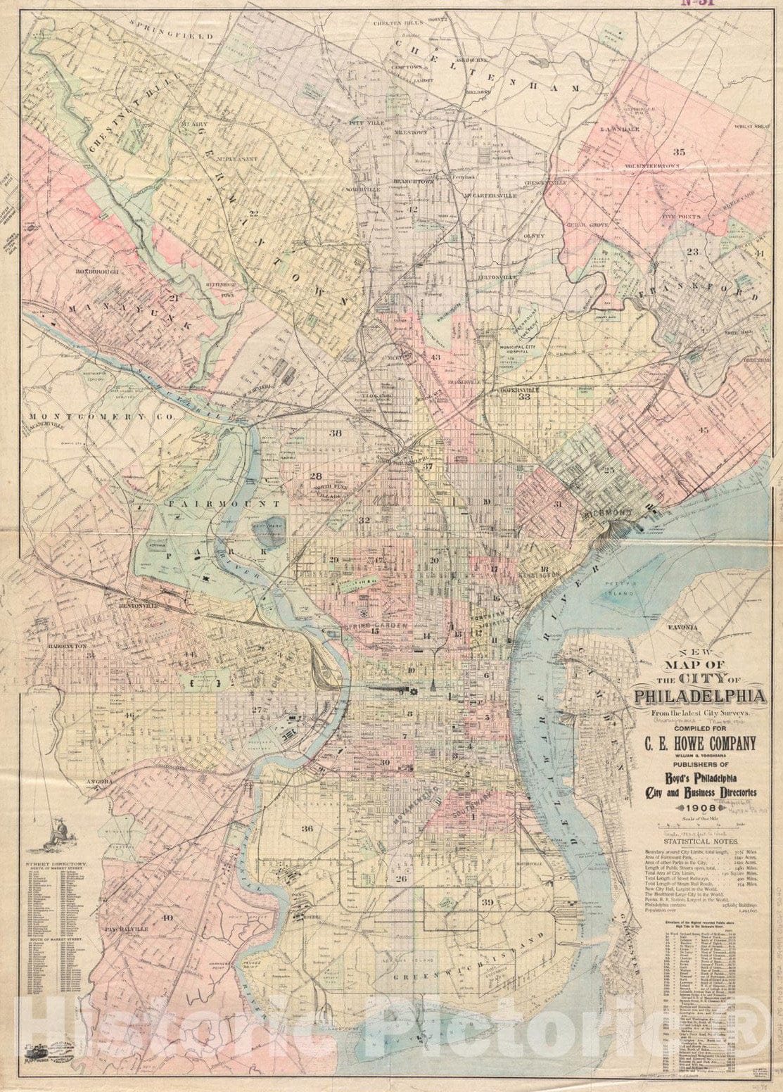 Historical Map, 1908 New map of The City of Philadelphia from The Latest City surveys, Vintage Wall Art