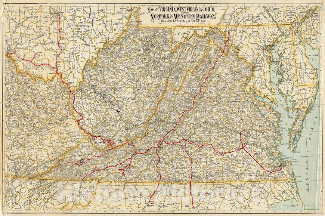 Historical Map, 1902-1908 Map of Virginia, West Virginia and Ohio : Showing Norfolk and Western Railway : Main line Branches and Connections, Vintage Wall Art
