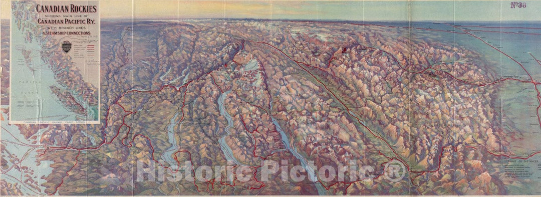 Historical Map, 1915 Canadian Rockies Showing Main line of Canadian Pacific Ry. with Branch Lines & Steamship Connections, Vintage Wall Art