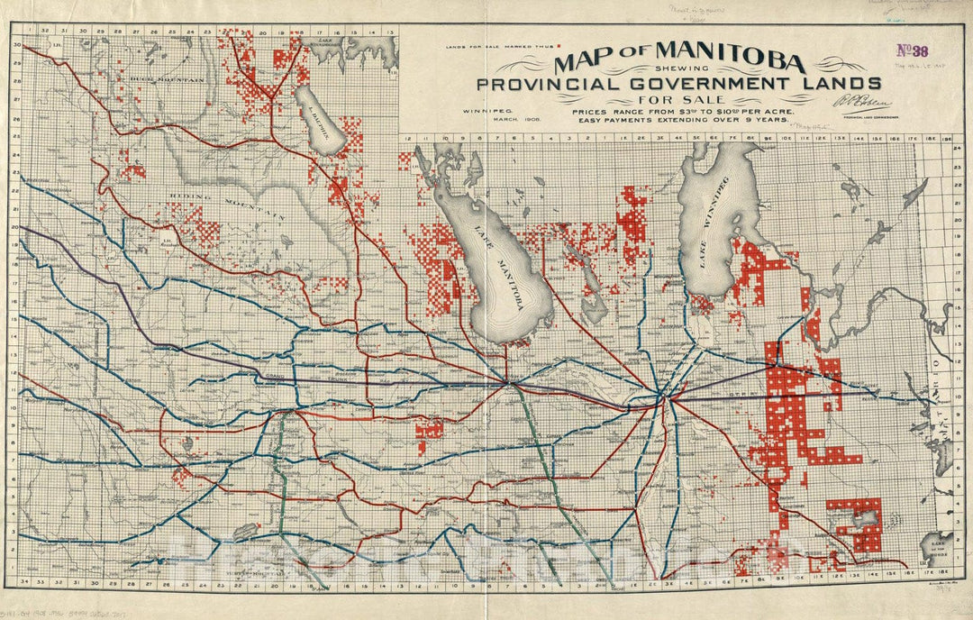 Historical Map, 1907 Map of Manitoba shewing Provincial Government Lands for Sale, Vintage Wall Art