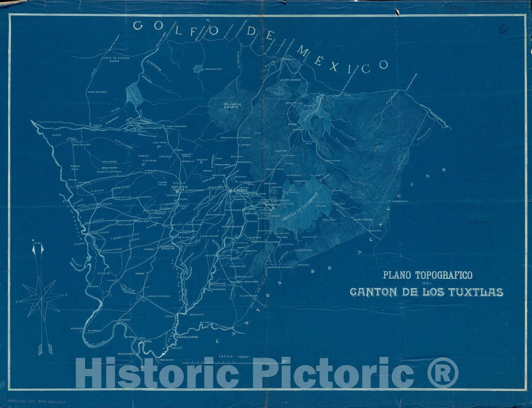 Historical Map, 1900-1909 Plano topografico del Canton de Los Tuxtlas, Vintage Wall Art