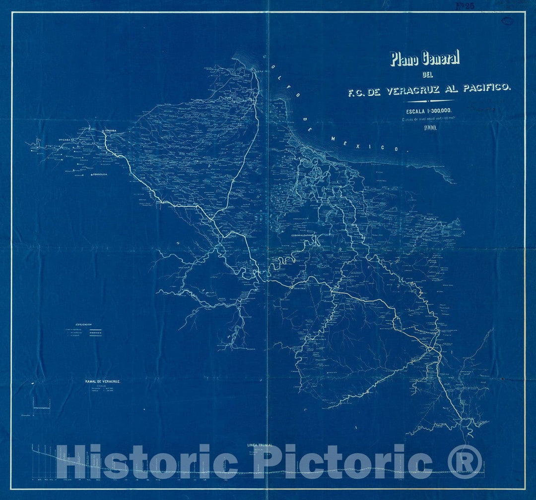 Historical Map, 1900 Plano General del f.c. de Veracruz al Pacifico, Vintage Wall Art