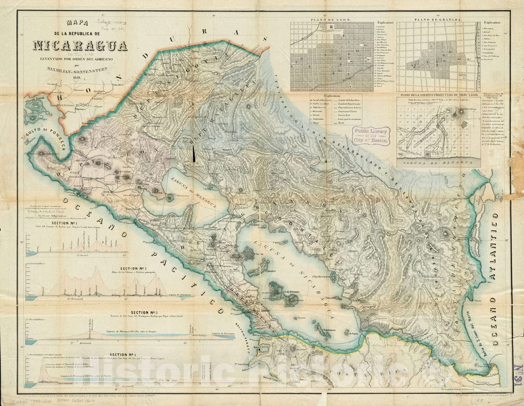 Historical Map, 1859 Mapa de la Republica de Nicaragua, Vintage Wall Art