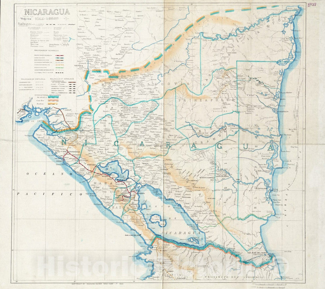 Historical Map, 1920 Nicaragua, Vintage Wall Art