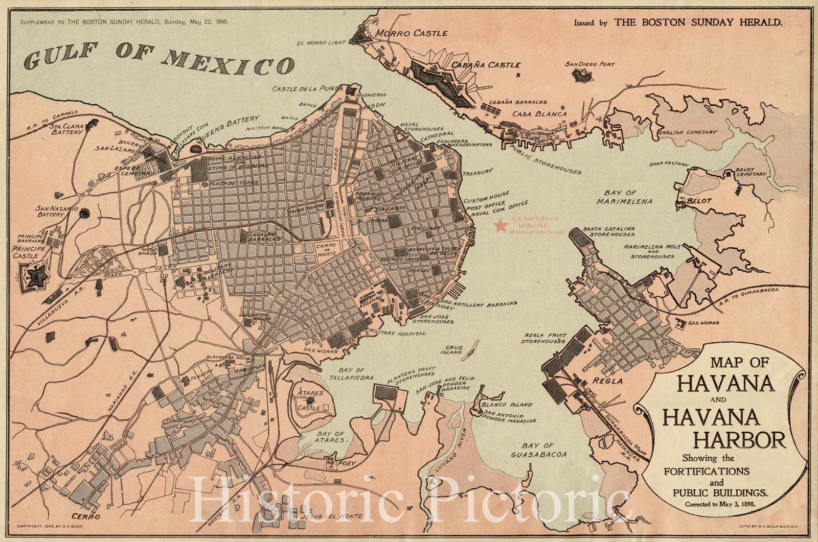 Historical Map, 1898 Map of Havana and Havana Harbor Showing The fortifications and Public Buildings, Vintage Wall Art