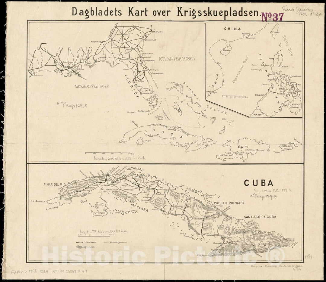 Historical Map, 1898 Dagbladets Kart Over krigsskuepladsen, Vintage Wall Art