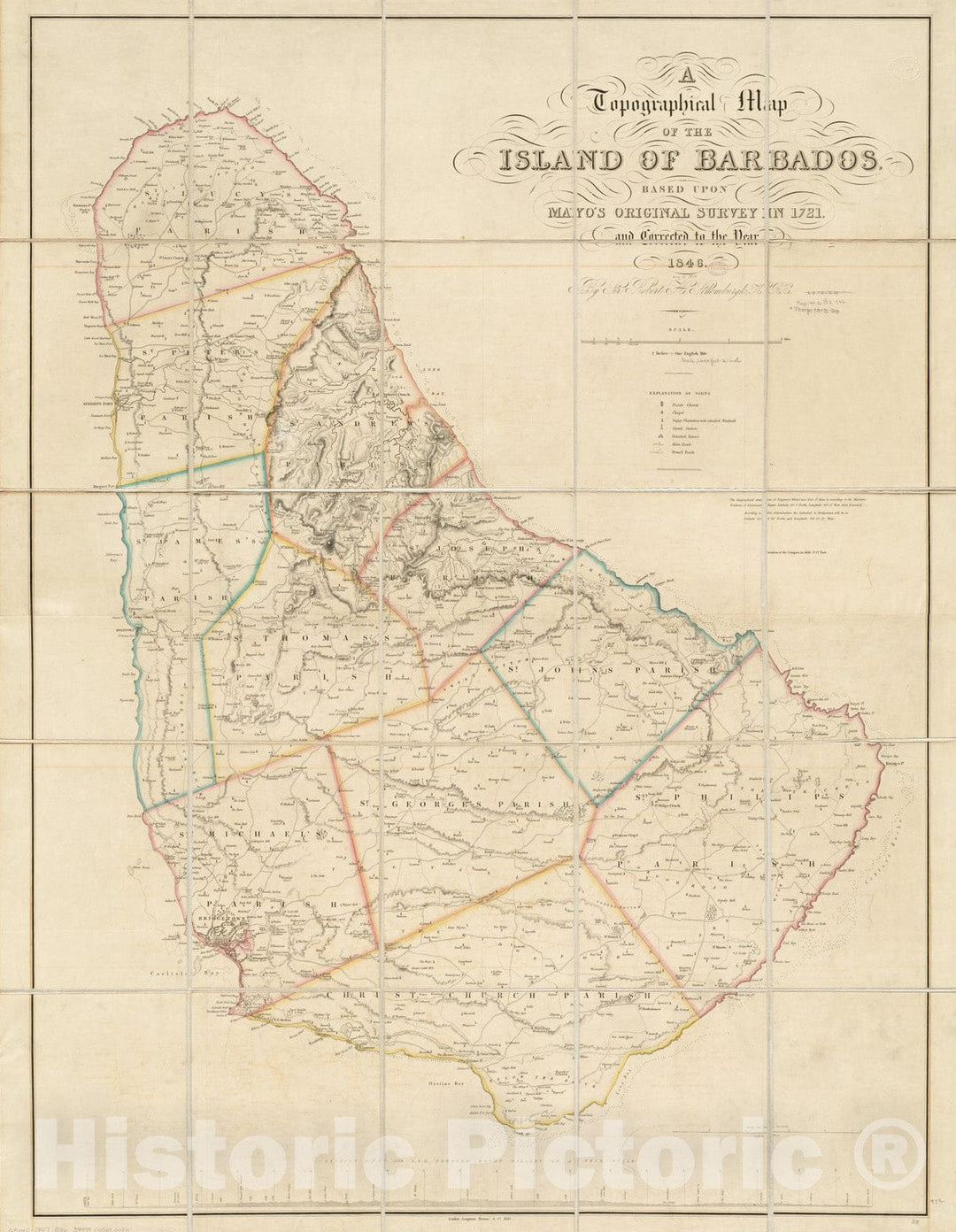 Historical Map, A Topographical map of The Island of Barbados : Based Upon Mayo's Original Survey in 1721 and Corrected to The Year 1846, Vintage Wall Art