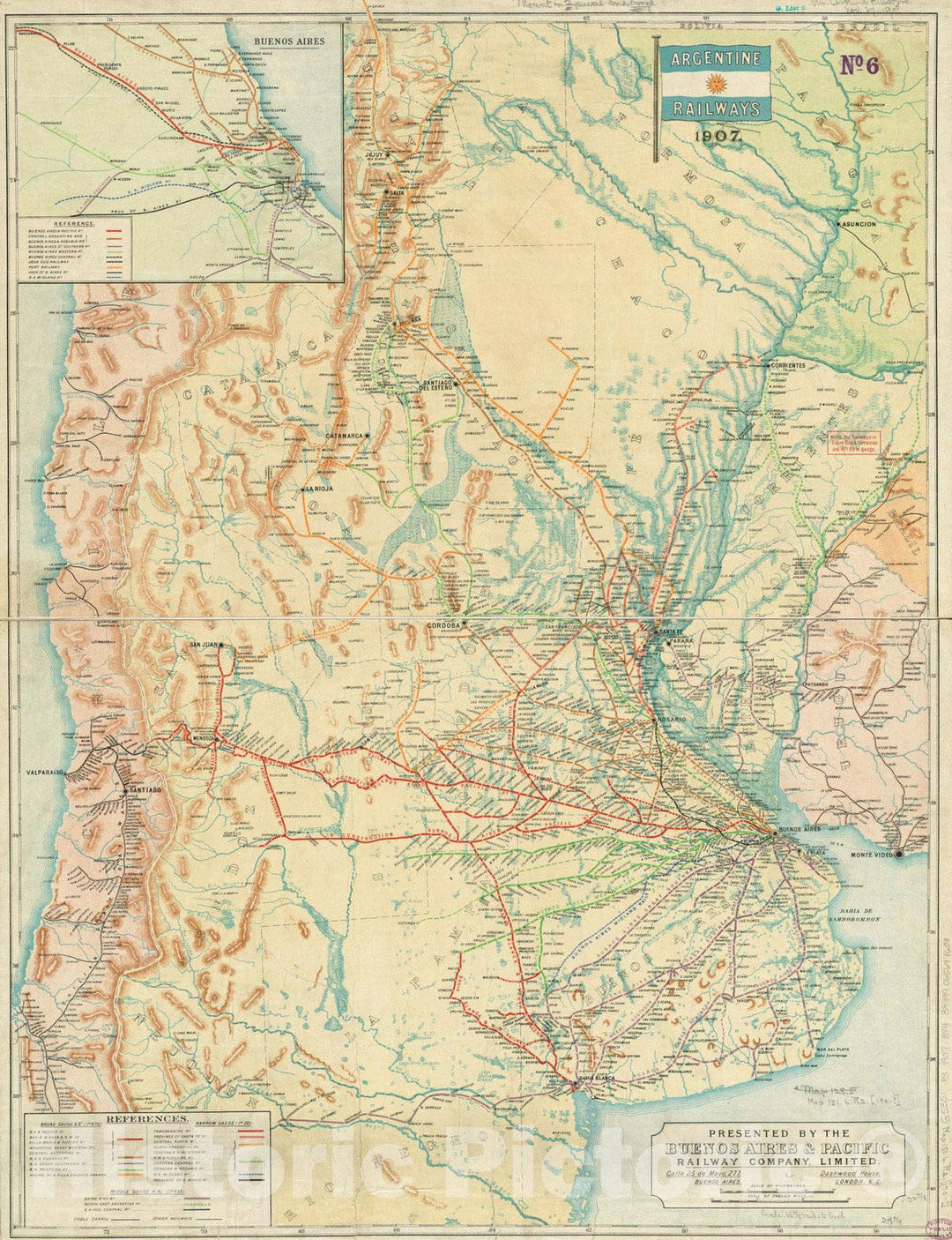 Historical Map, Argentine Railways, 1907, Vintage Wall Art