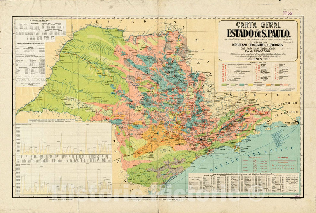 Historical Map, 1915 Carta geral do estado de S. Paulo : com indicacoIÆ’es sobre agricultura, comercio, instruccaIÆ’o publica, industria e colonisacaIÆ’o, Vintage Wall Art