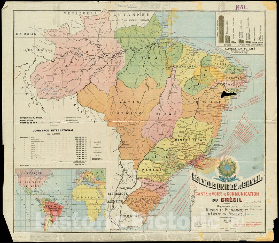 Historical Map, 1908 Carte de voies de Communication du Bresil, Vintage Wall Art