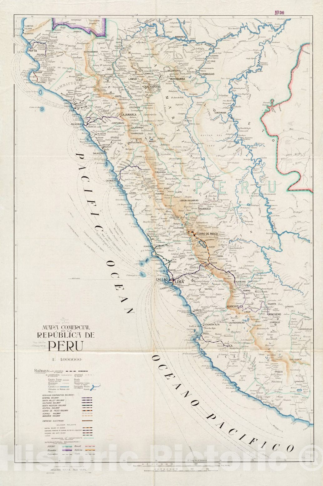 Historical Map, 1916 Mapa comercial de la repuIblica de Peru, Vintage Wall Art
