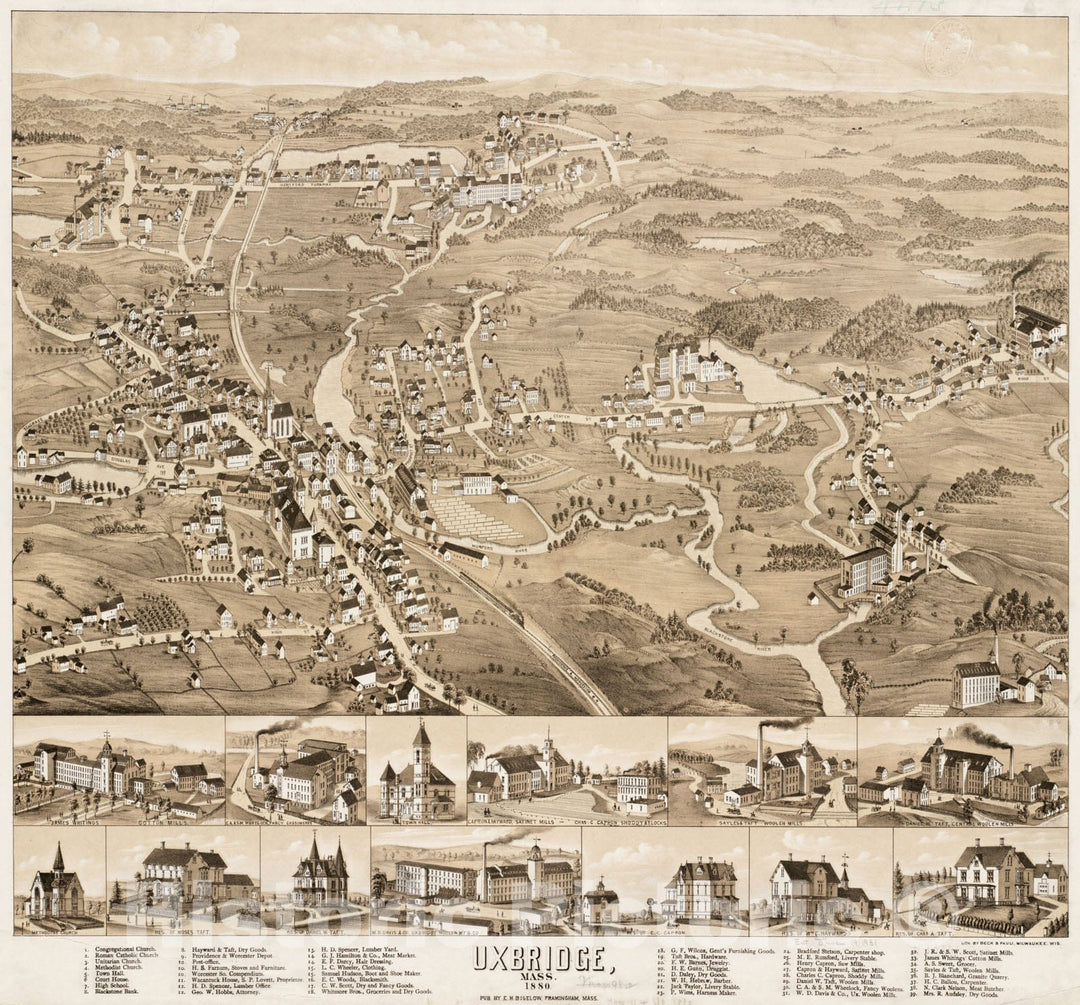 Historical Map, Uxbridge, Mass : 1880, Vintage Wall Art