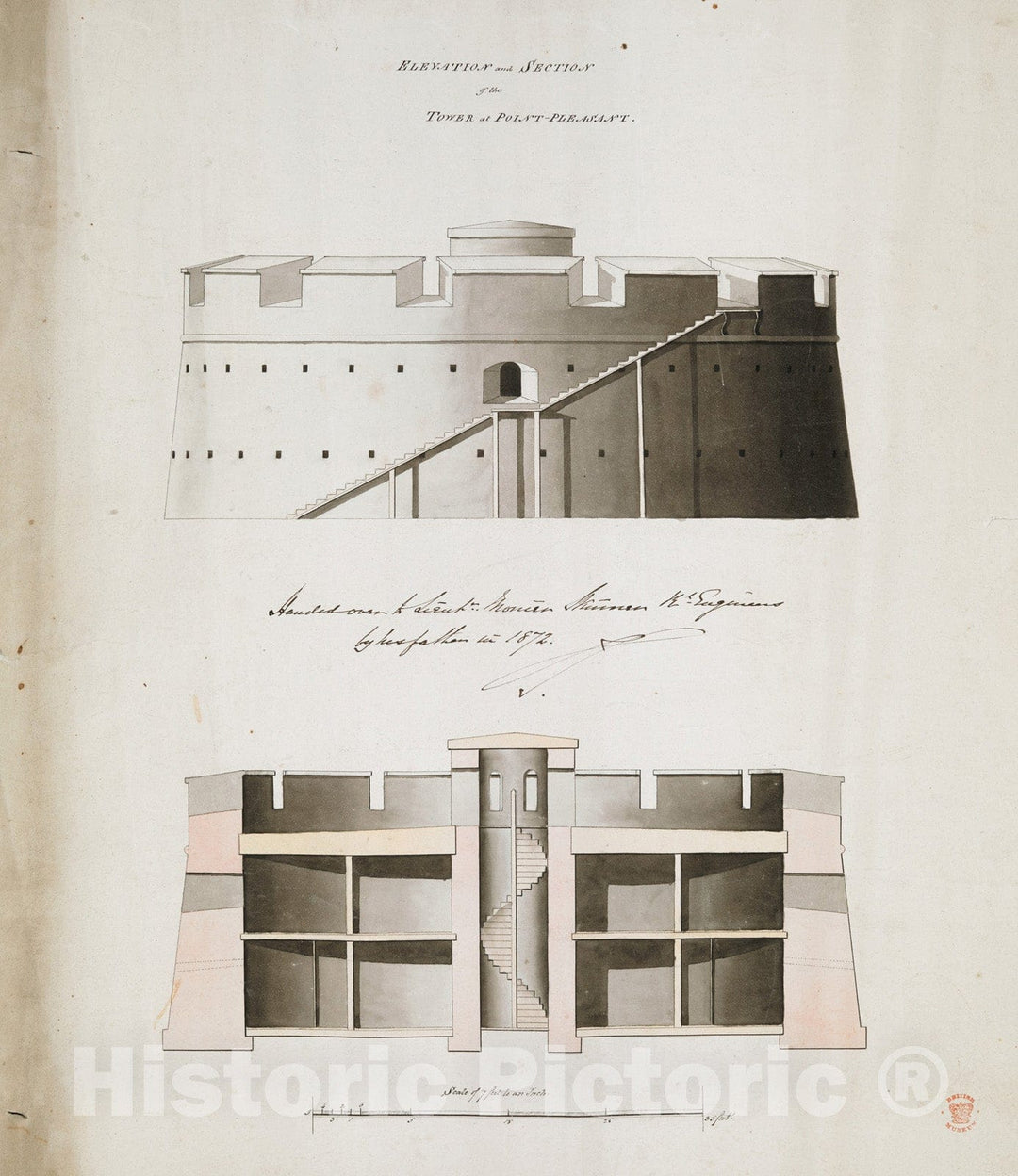 Historical Map, 1799 ELEVATION and SECTION of the TOWER at POINT PLEASANT, Vintage Wall Art