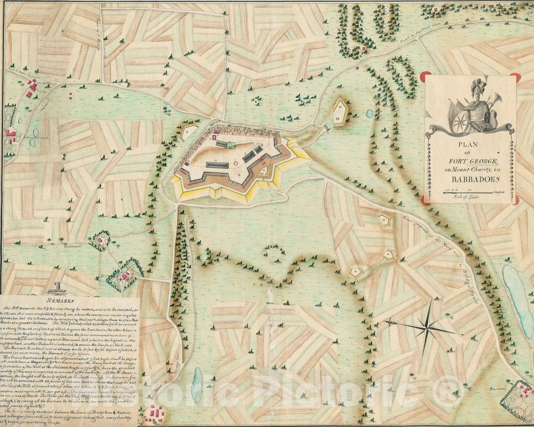 Historical Map, 1782 Plan of Fort George, on Mount Charity, in Barbadoes, Vintage Wall Art