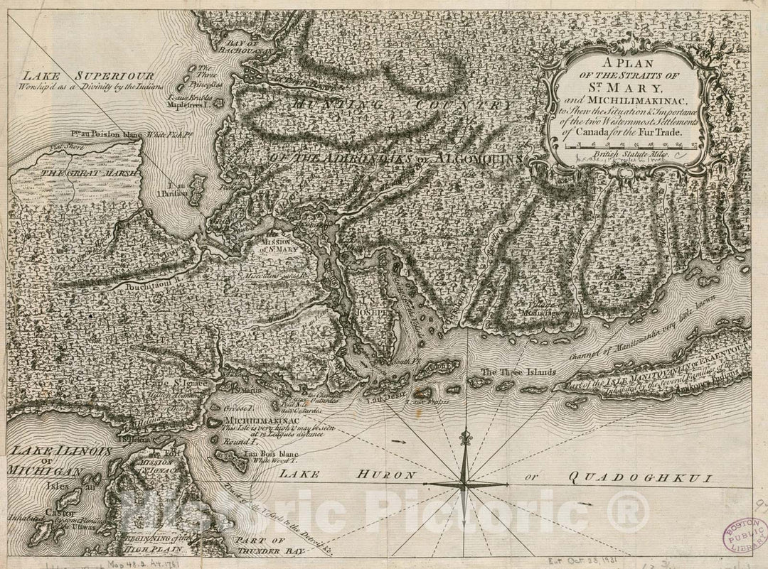 Historical Map, 1761 A Plan of The Straits of St. Mary, and Michilimakinac, to Shew The Situation & Importance of The Two westernmost settlements of Canada for The Fur Trade Reprint