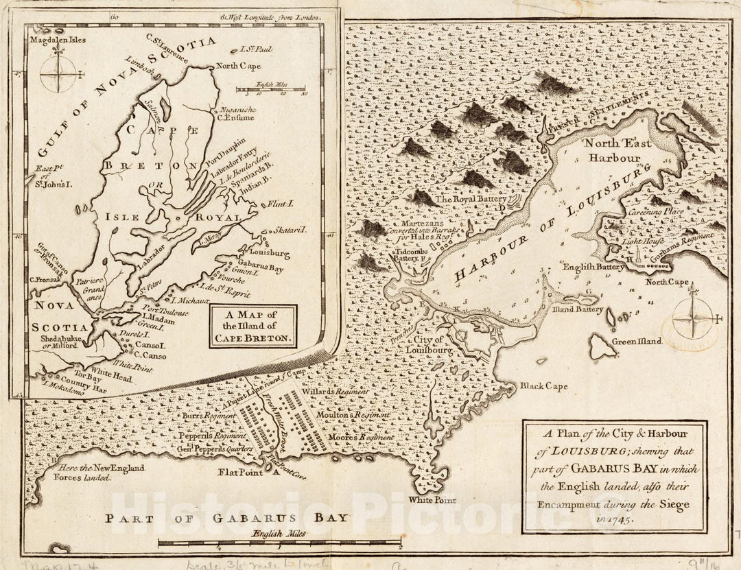 Historical Map, A Plan of the city & harbour of Louisburg : shewing that pof Gabarus Bay in which the English landed, also their encampment during the Siege in 1745, Vintage Wall Art
