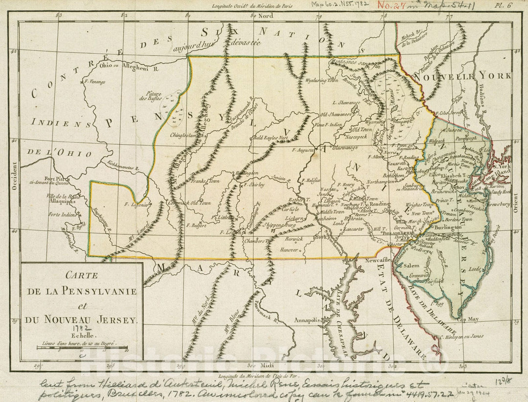 Historical Map, 1782 Carte de la Pensylvanie et du Nouveau Jersey, Vintage Wall Art