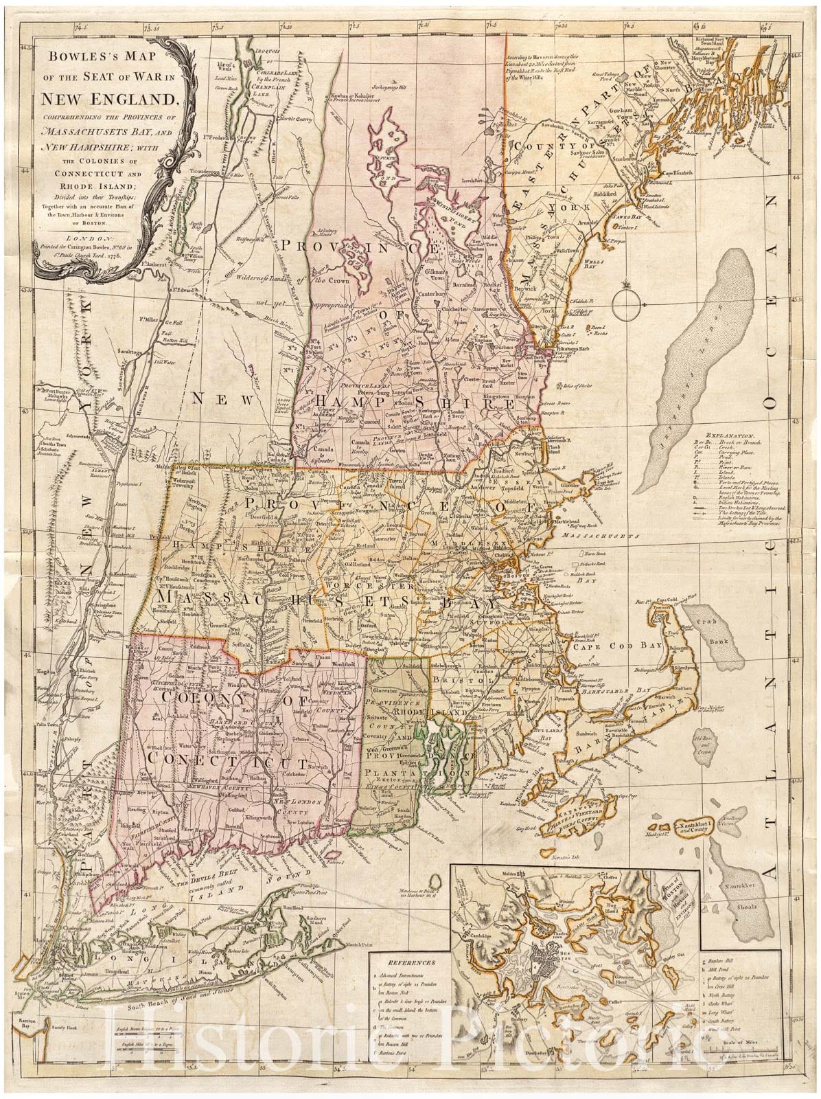 Historical Map, 1776 Bowles's map of The seat of war in New England, comprehending The Provinces of Massachusets Bay, and New Hampshire, Vintage Wall Art