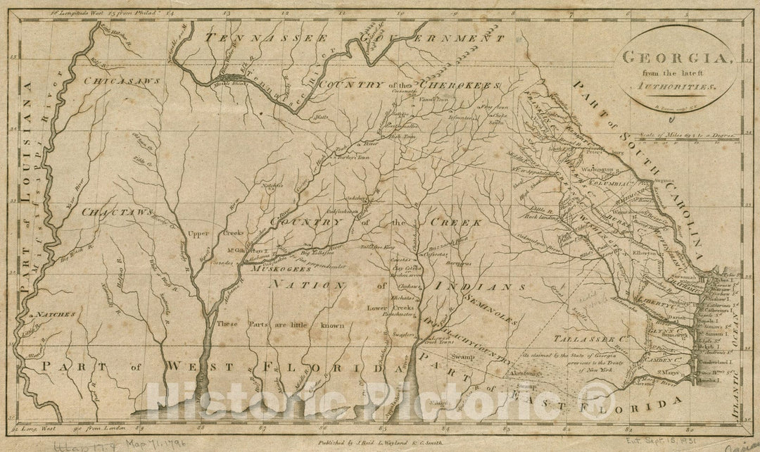 Historical Map, 1796 Georgia, from The Latest Authorities, Vintage Wall Art