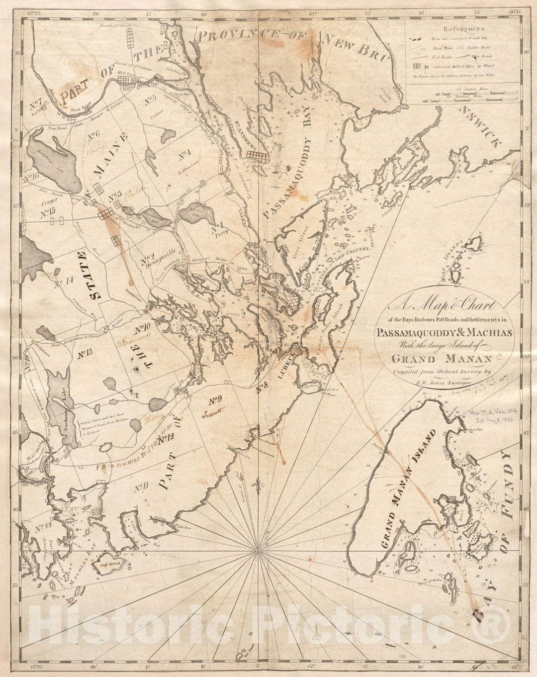 Historical Map, 1816 A map & Chart of The Bays harbours Post Roads and settlements in Passamaquoddy & Machias with The Large Island of Grand Manan, Vintage Wall Art