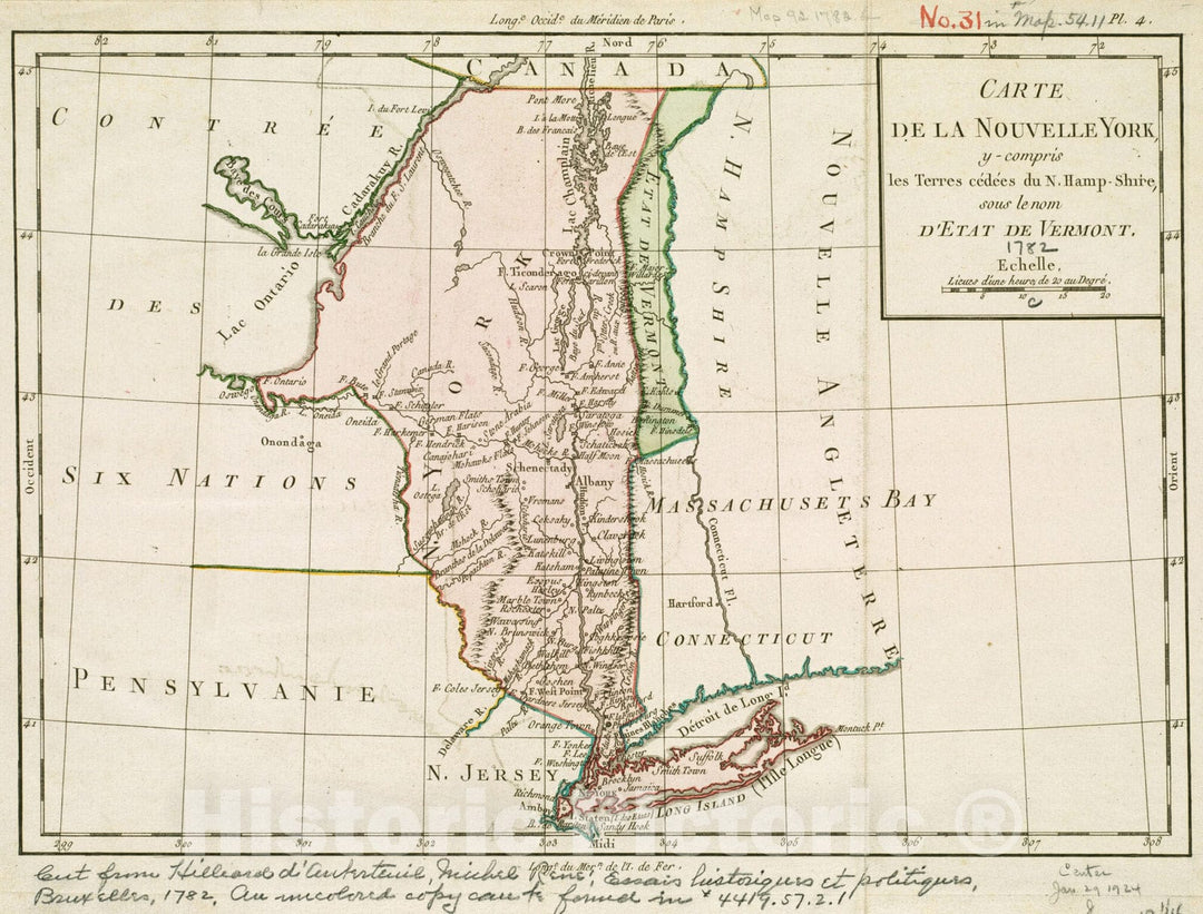 Historical Map, 1782 Carte de la Nouvelle York, y-compris les terres cedees du N. Hamp-Shire, Sous le nom d'etat de Vermont, Vintage Wall Art