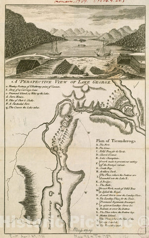 Historical Map, 1759 A Perspective View of Lake George : Plan of Ticonderoga, Vintage Wall Art