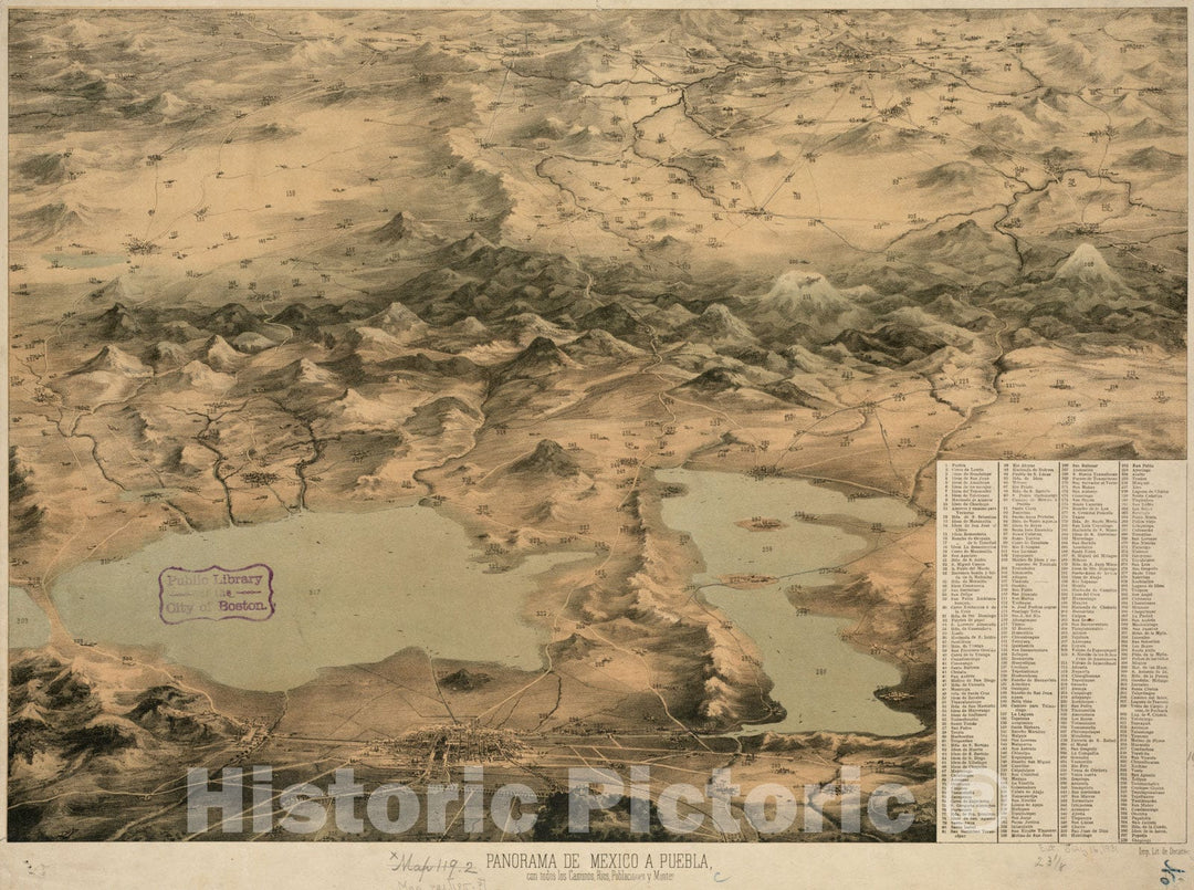 Historical Map, 1860 Panorama de Mexico a Puebla, con Todos Los caminos, rios, poblaciones y Montes, Vintage Wall Art