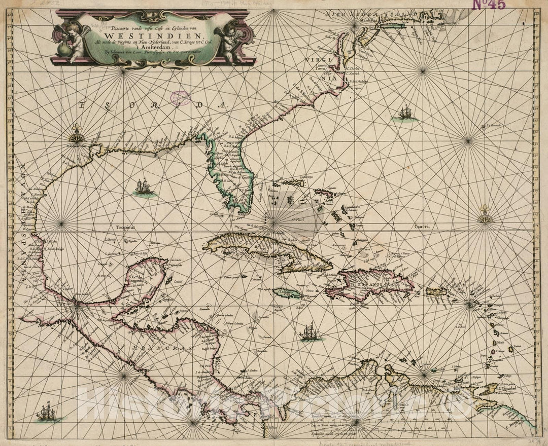 Historical Map, 1661 Pascaarte vande vaste cust en eylanden Van Westindien, ALS Mede de Virginis en Nieu-Nederland, Van C. Droge tot C. Cod, Vintage Wall Art