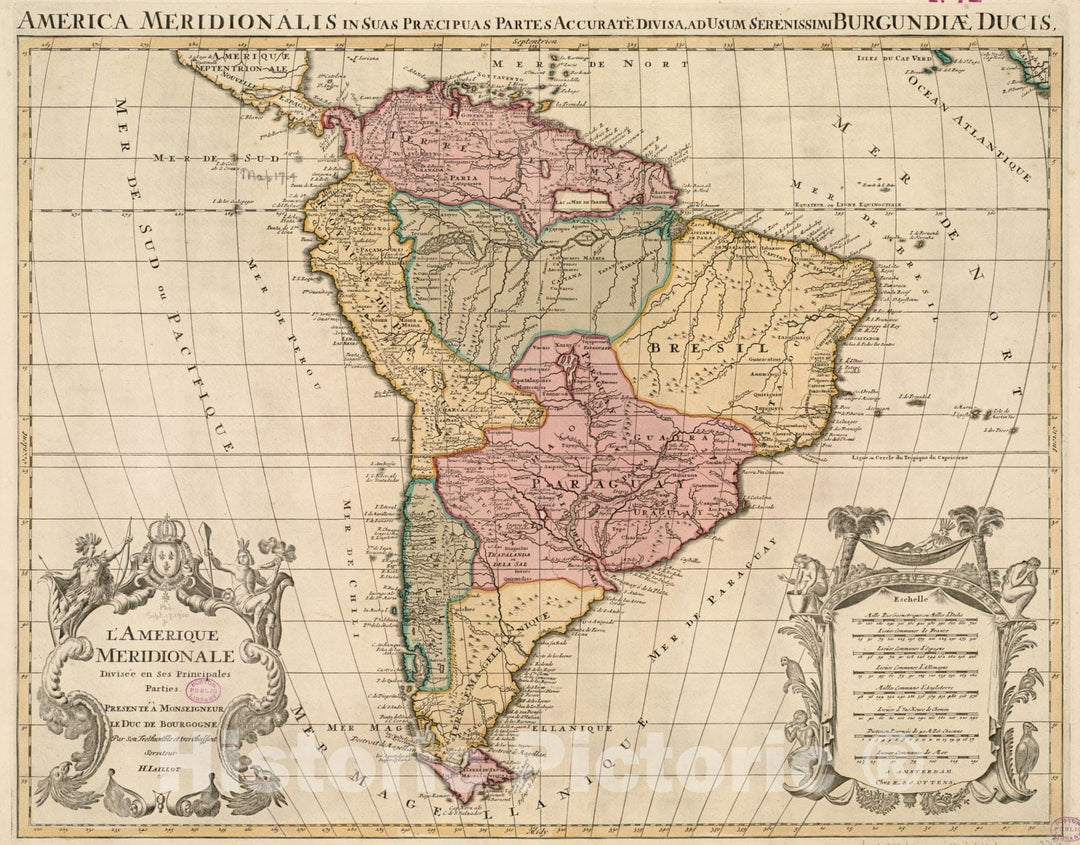 Historical Map, 1720-1729 L'Amerique Meridionale divisee en ses principales parties, Vintage Wall Art