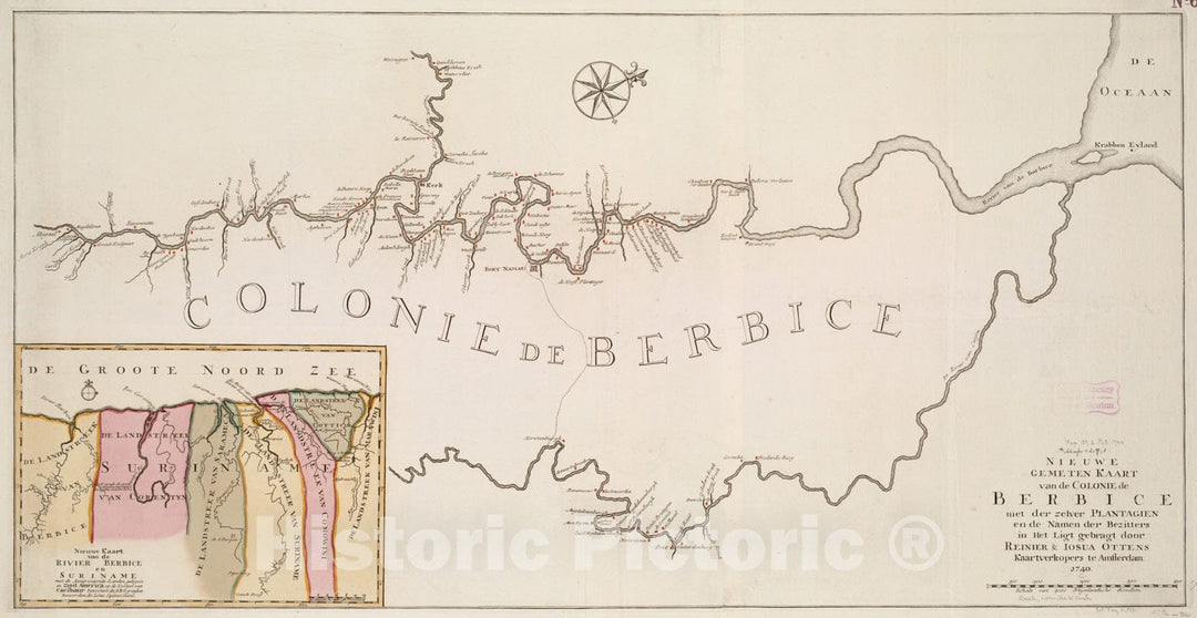 Historical Map, 1740 Nieuwe gemeten Kaart Van de Colonie de Berbice met der zelver Plantagien en de Namen der Bezitters, Vintage Wall Art