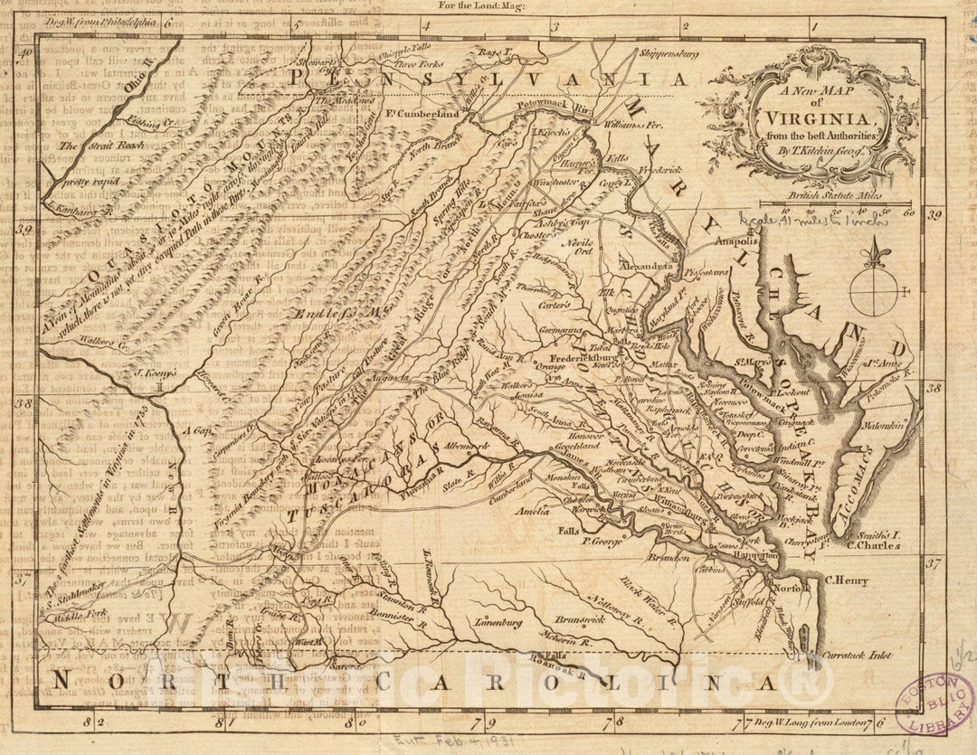 Historical Map, 1761 A New map of Virginia from The Best Authorities, Vintage Wall Art