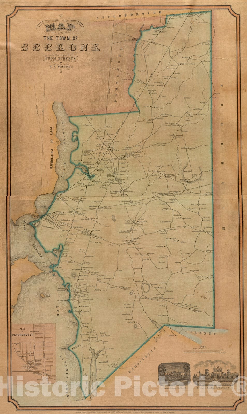 Historical Map, 1850 Map of The Town of Seekonk, Vintage Wall Art