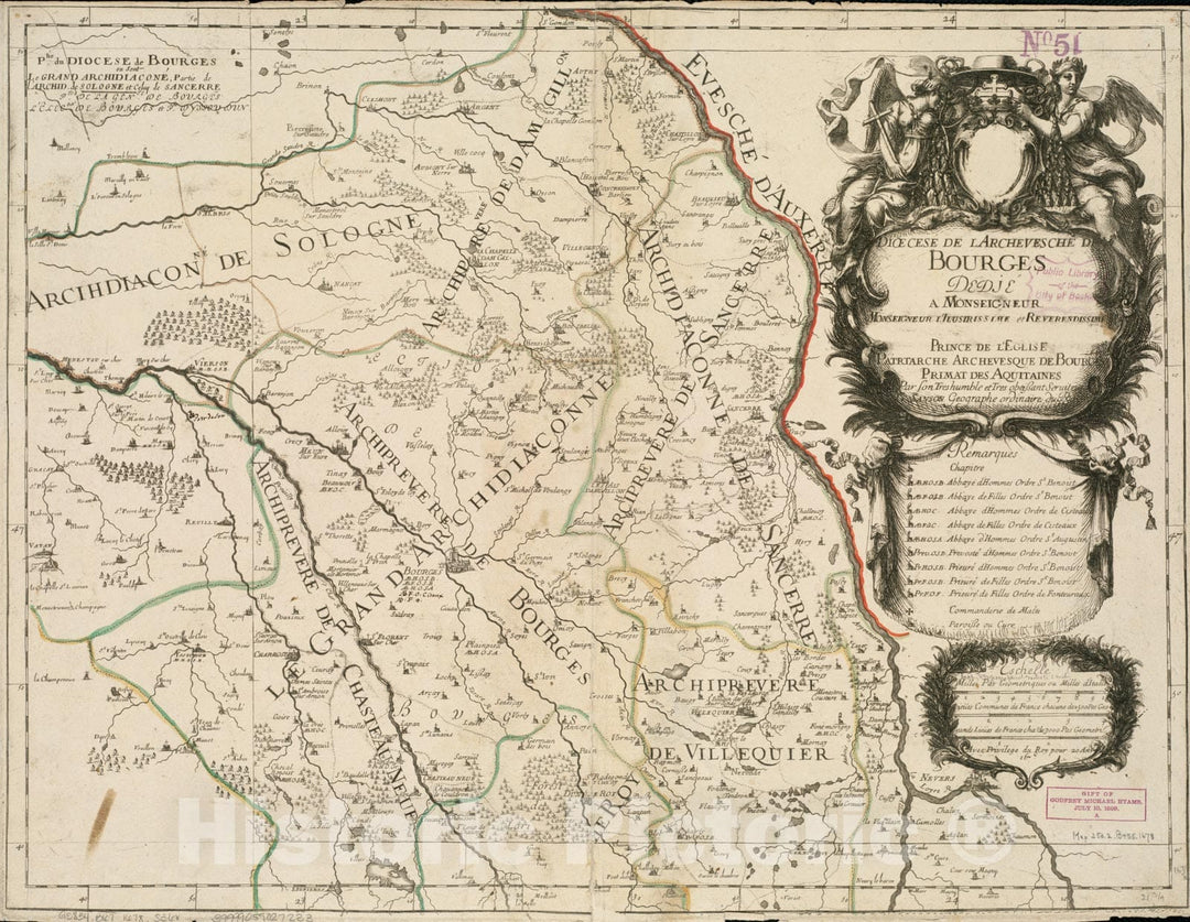 Historical Map, 1678 Diocese de l'archevesche de Bourges, Vintage Wall Art