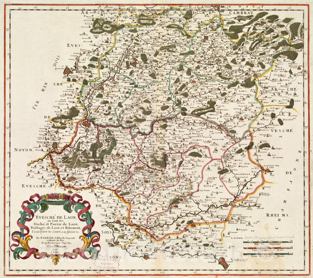 Historical Map, 1650 Evesche de Laon, ou sont les Duche, et Pairrie de Laon, Balliages de Laon, et Ribemont, Eslections de Laon, et de Guise etc, Vintage Wall Art