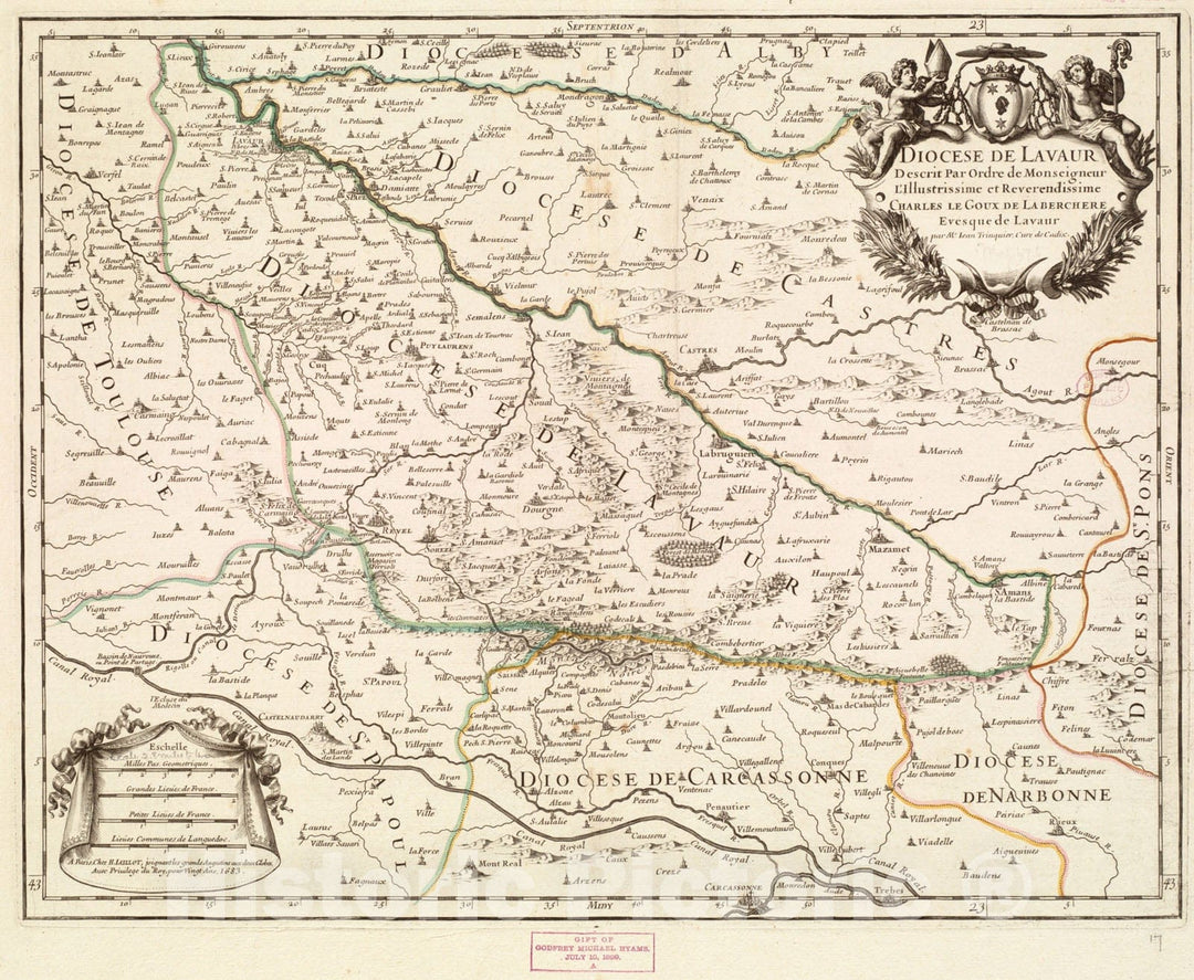 Historical Map, 1683 Diocese de Lavaur descrit par ordre de Monseigneur l'illustrissime et reverendissime Charles Le Goux de Laberchere Evesque de Lavaur, Vintage Wall Art