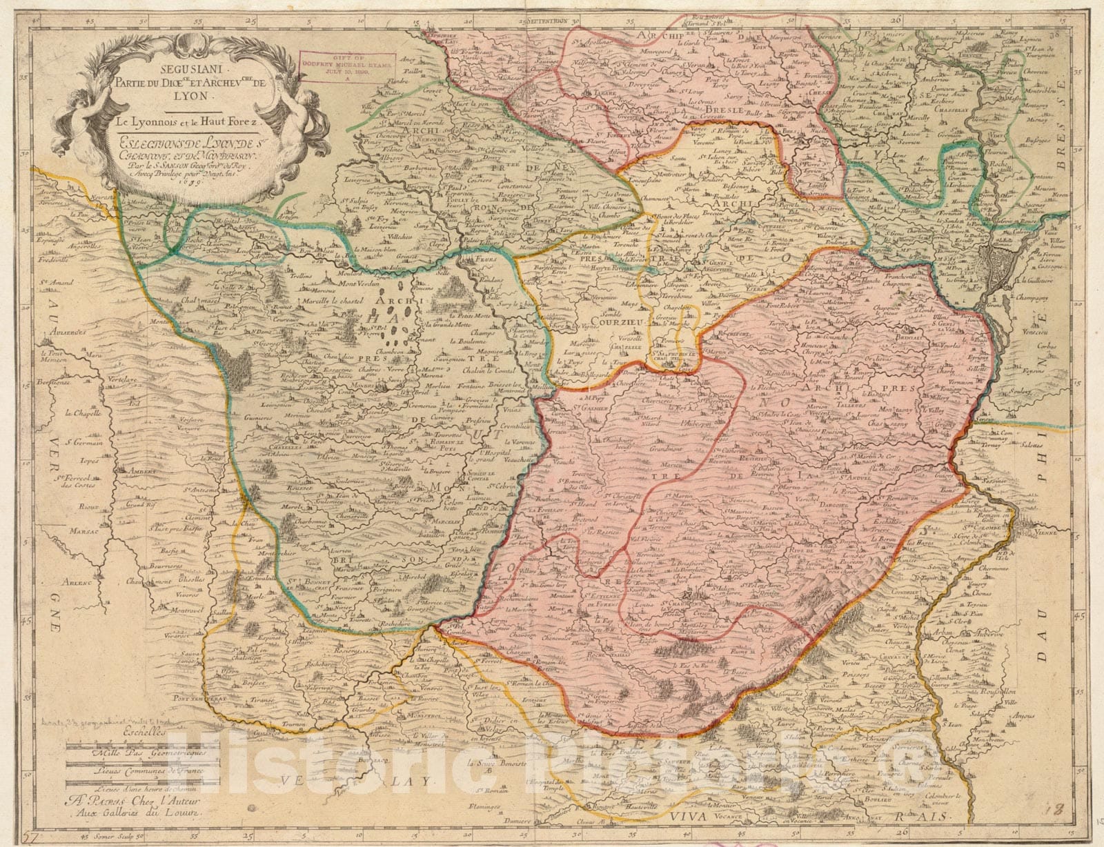 Historical Map, 1679 Segusiani : Partie du dioese et archevche de Lyon : le Lyonnois et le Haut forez : eslections de Lyon, de St. Chamont, et de Monbrison, Vintage Wall Art