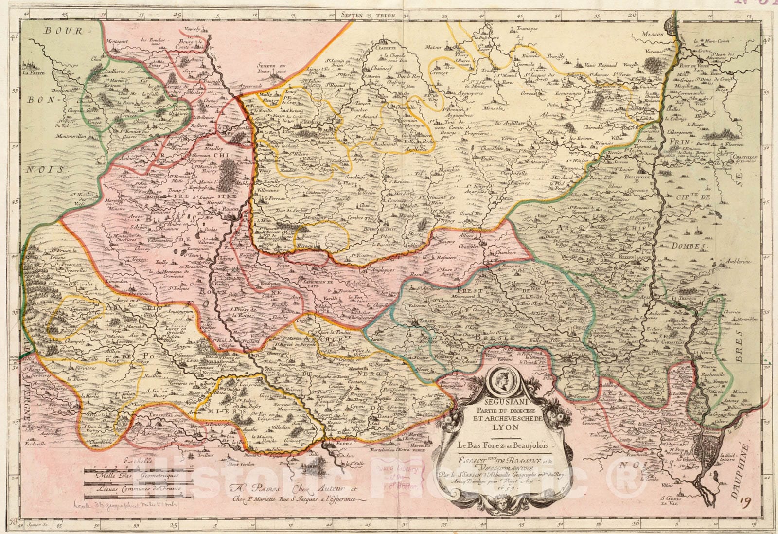 Historical Map, 1659 Segusiani : partie du dioecese et archevesche de Lyon : Le Bas Forez et Beaujolois : eslectons de Roanne et de Villefranche, Vintage Wall Art