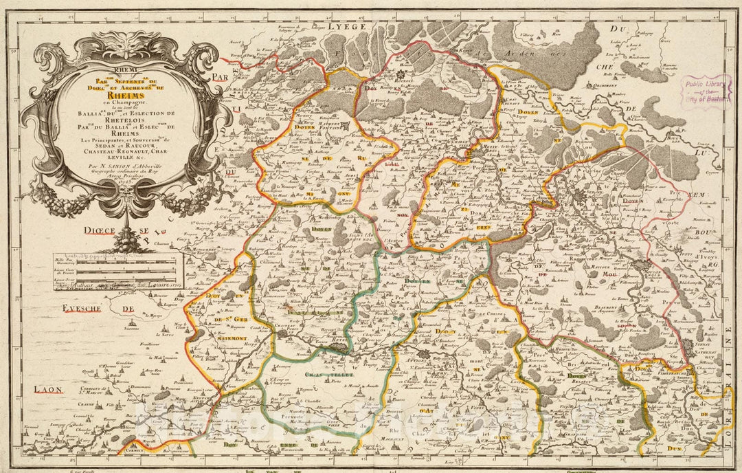 Historical Map, 1717 Rhemi : Partie septentrle du Dioecse et Archevesche de Rheims en Champagne : la ou sont les Bailiage, Duche, et Eslection de Rhetelois, Vintage Wall Art