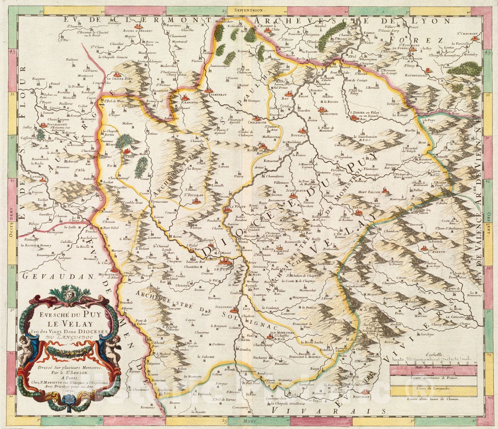 Historical Map, 1670 Evesche du PUY Le Velay l'un des vingt Deux Dioceses du Languedoc, Vintage Wall Art
