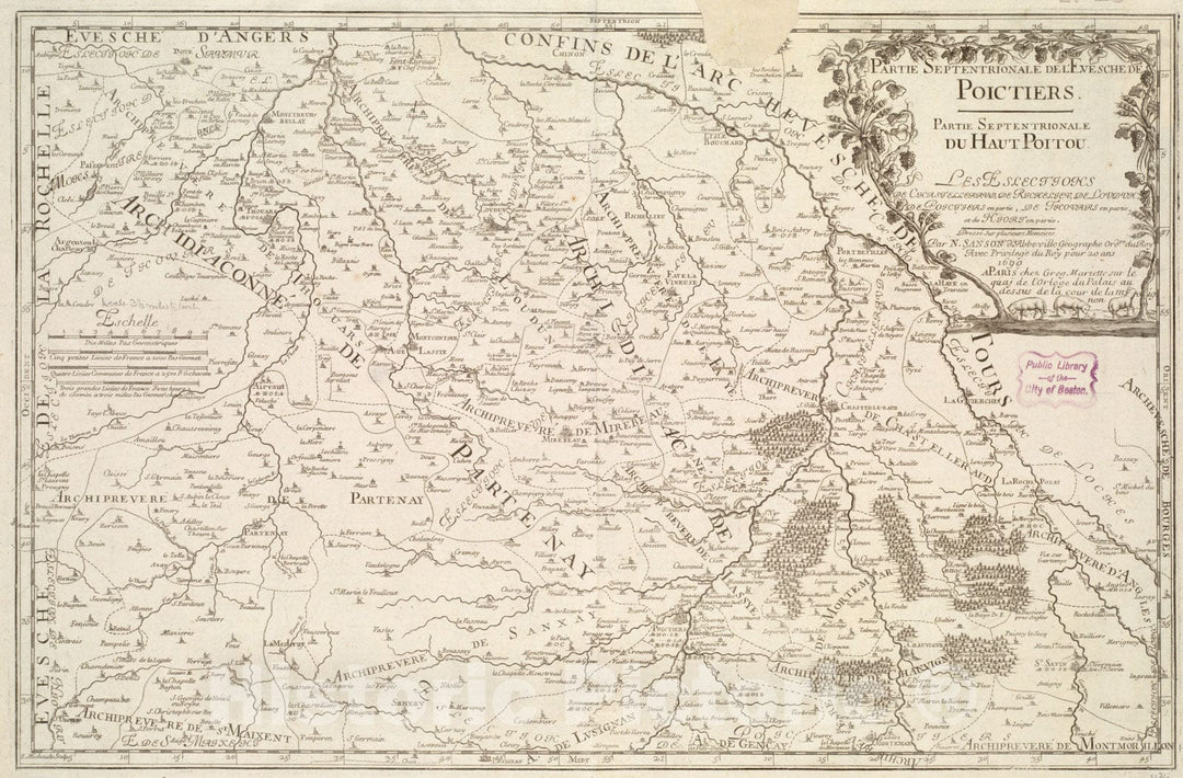 Historical Map, 1690 Partie septentrionale de l'evesche de Poictiers : Partie septentrionale du Haut-Poitou : les eslections de Chastelleraud, de Richelieu, de Loudun, Vintage Wall Art
