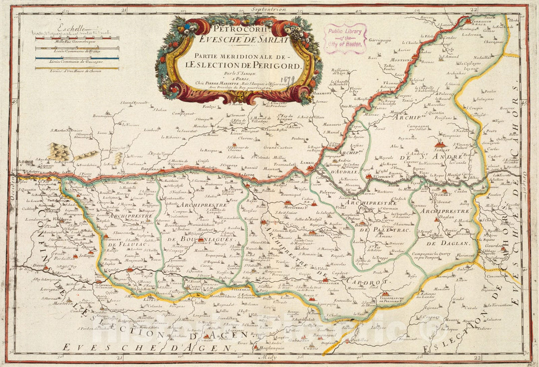 Historical Map, 1679 Petrocorii : Evesche de Sarlat : Partie meridionale de l'eslection de Perigord, Vintage Wall Art