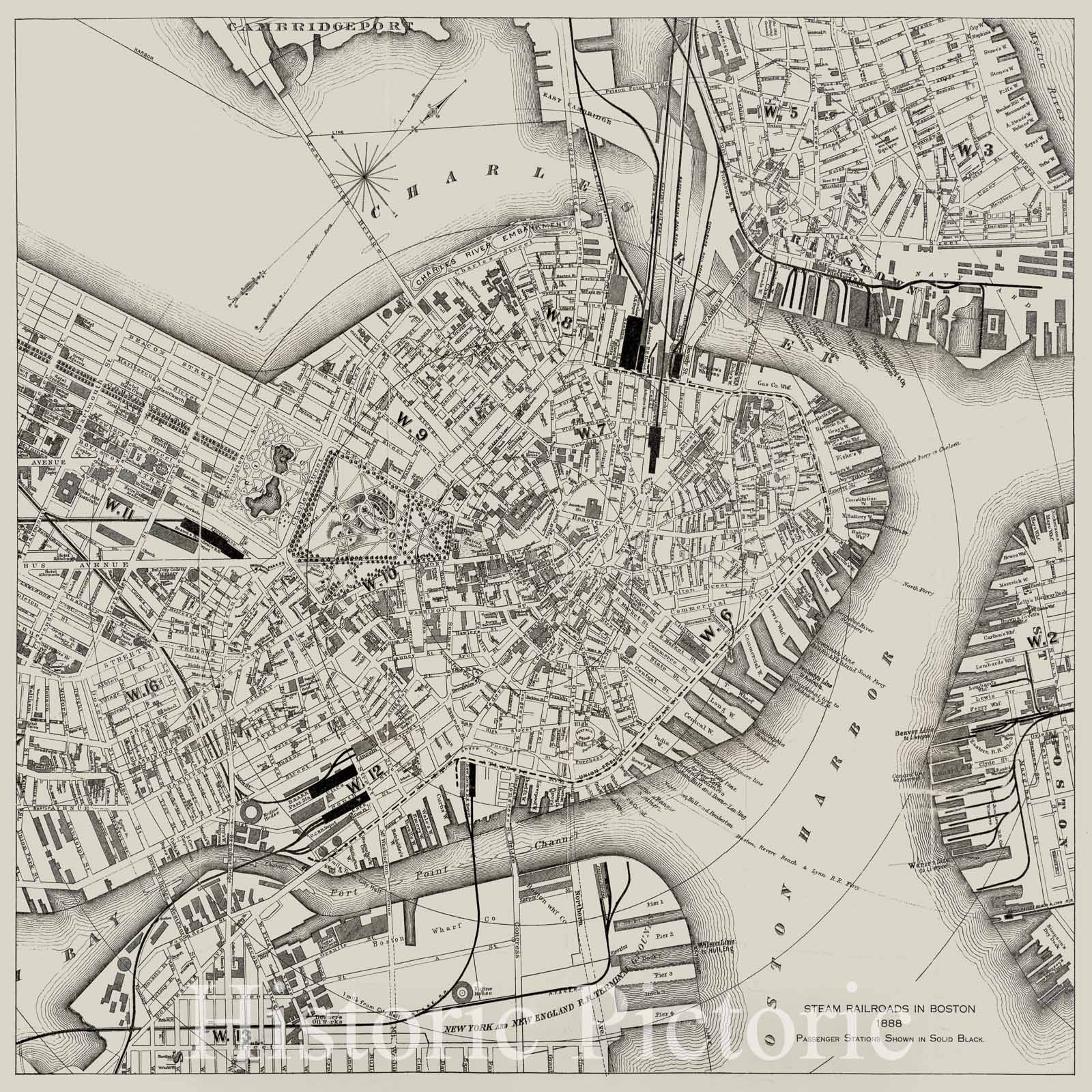 Historical Map, Steam Railroads in Boston 1888, Vintage Wall Art