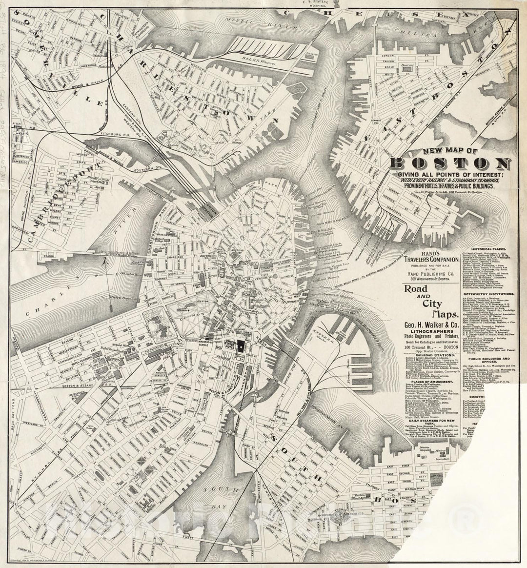 Historical Map, 1894 New map of Boston Giving All Points of Interest : with Every Railway & Steamboat Terminus, Prominent Hotels, theatres & Public Buildings, Vintage Wall Art