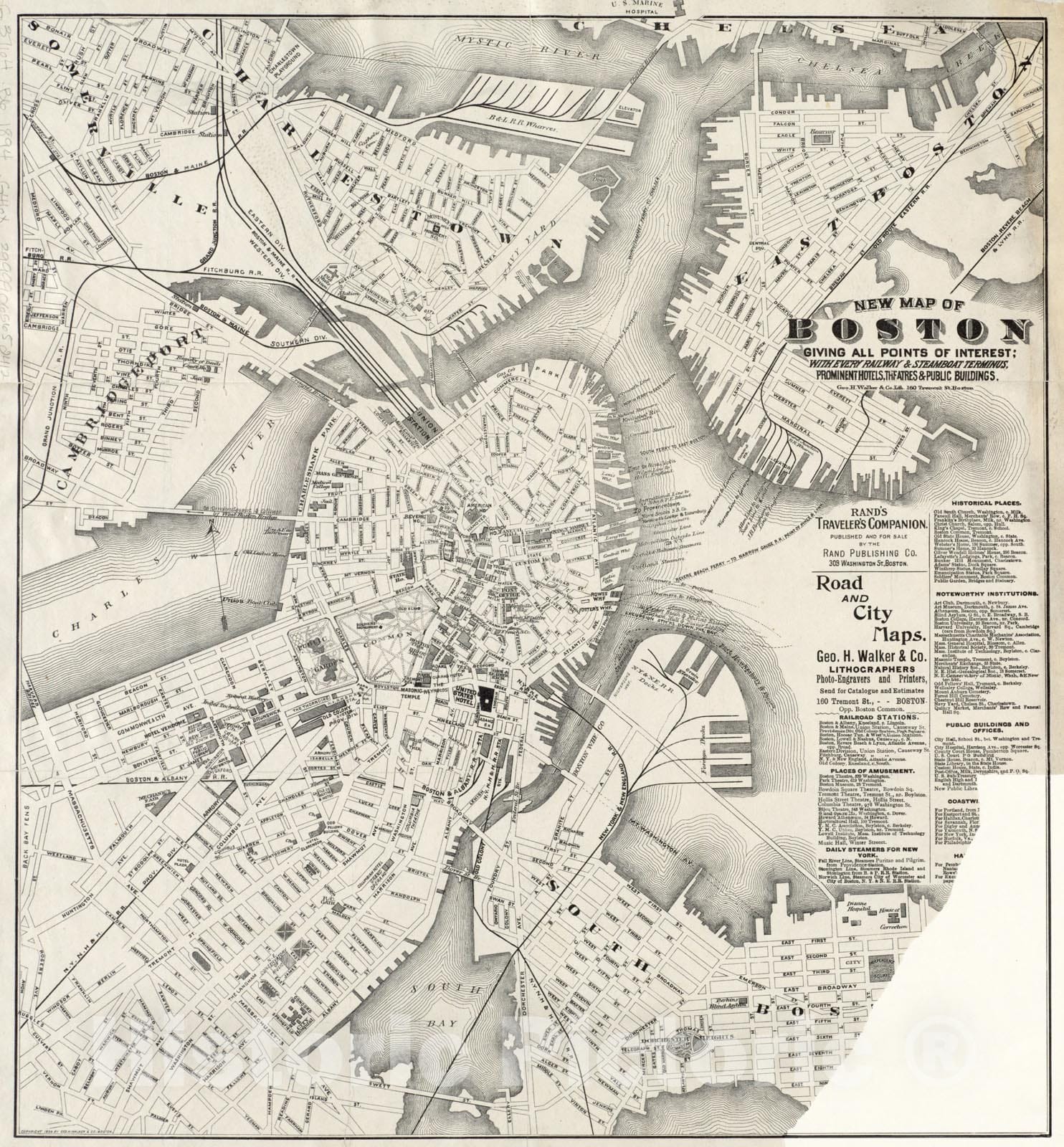 Historical Map, 1894 New map of Boston Giving All Points of Interest : with Every Railway & Steamboat Terminus, Prominent Hotels, theatres & Public Buildings, Vintage Wall Art
